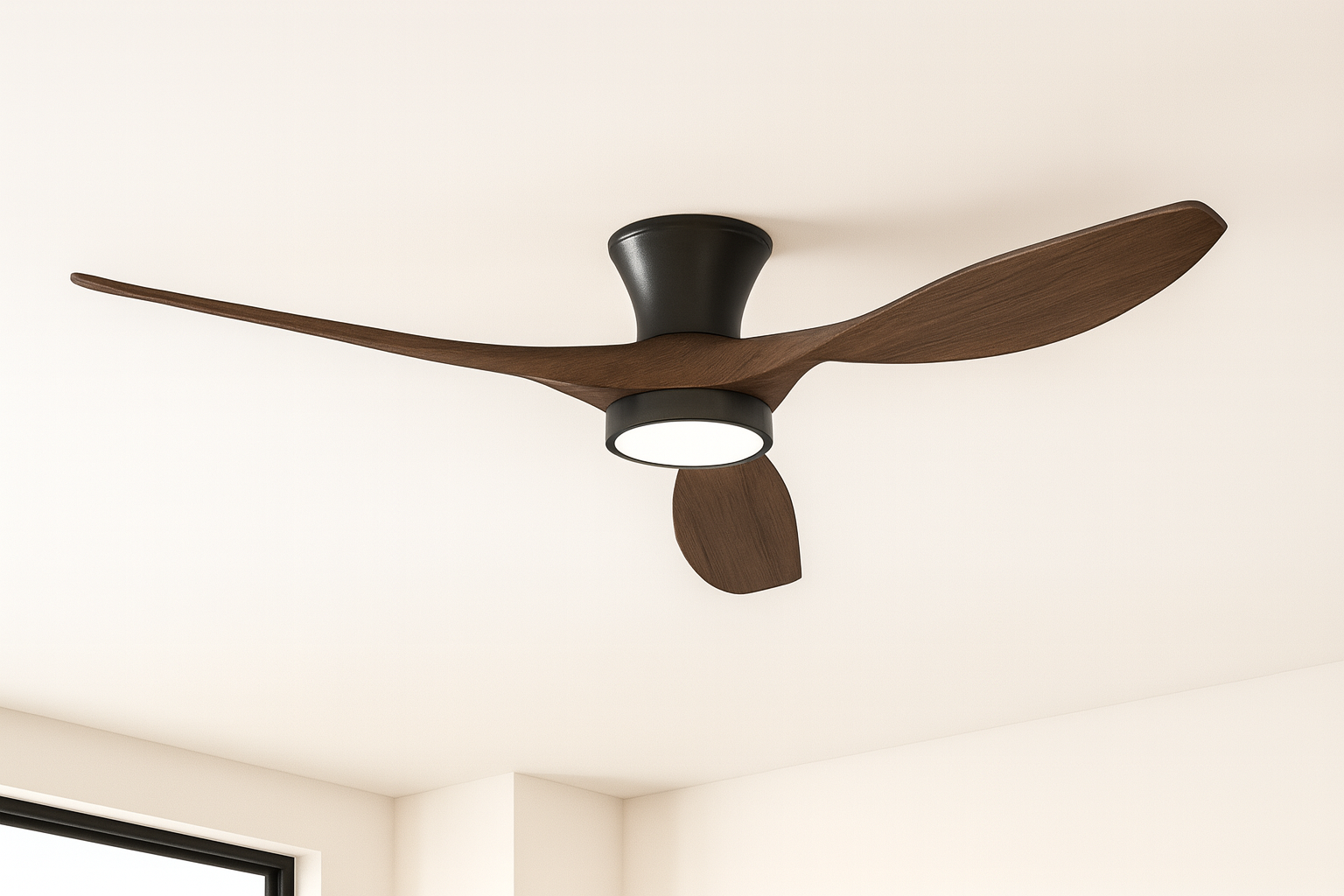 52" Black Walnut Flush Mount Ceiling Fan with LED Light & Remote - DC Motor, Reversible, Low Profile V22-18