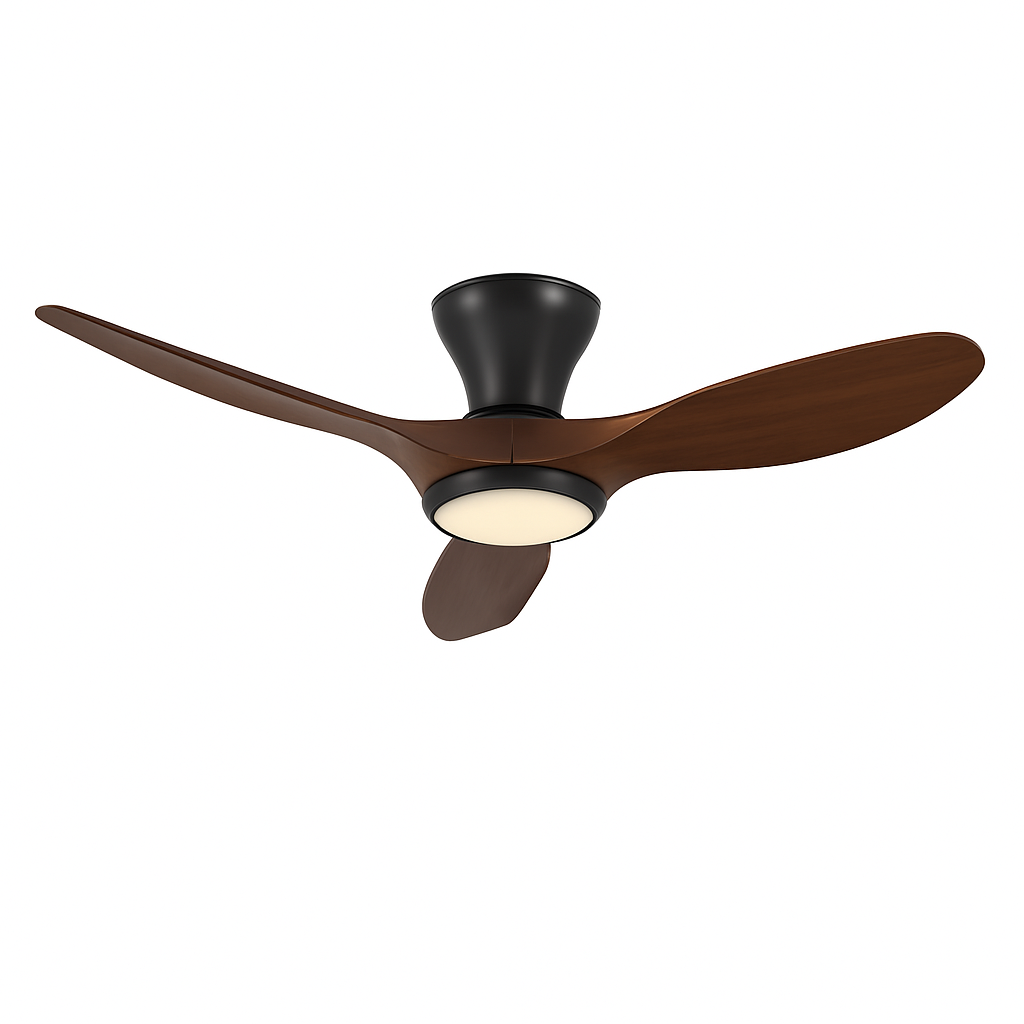 52" Black Walnut Flush Mount Ceiling Fan with LED Light & Remote - DC Motor, Reversible, Low Profile V22-18