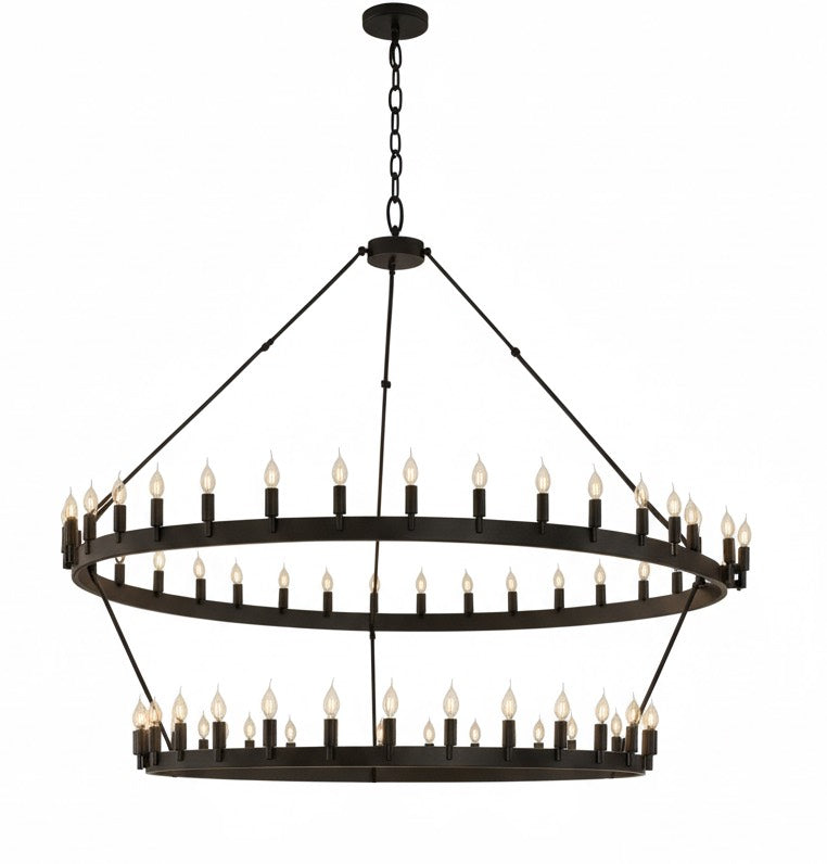 66-Light Wagon Wheel Chandelier Black Finish, 70"x66" Rustic Wrought Iron Castile Two-Tier Industrial Loft Ceiling Light