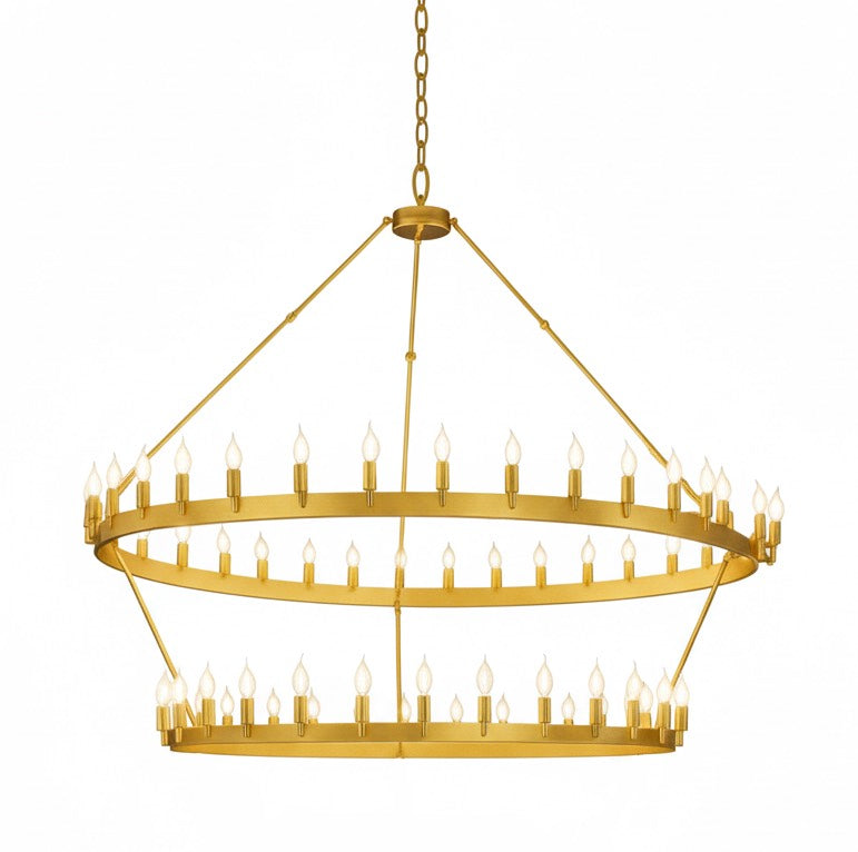 66-Light Wagon Wheel Chandelier Gold Finish, 70"x66" Rustic Wrought Iron Castile Two-Tier Industrial Loft Ceiling Light