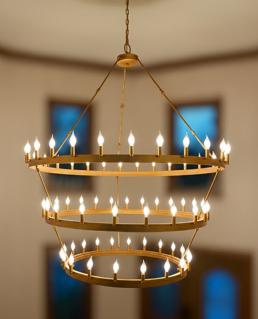 72-Light Industrial Wagon Wheel Chandelier Gold Finish, 63"x75" Extra Large Rustic Wrought Iron Three-Tier Lighting