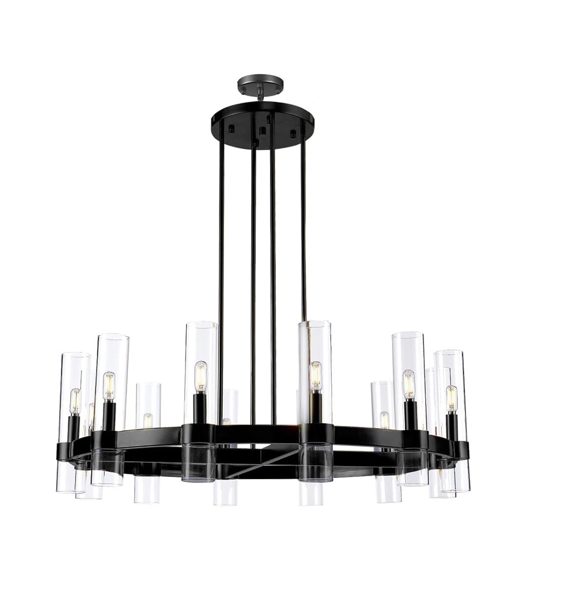 12-Light Vintage Rustic Round Chandelier Black Finish, 36" Farmhouse Barn-Style Metal Industrial Loft Ceiling Light