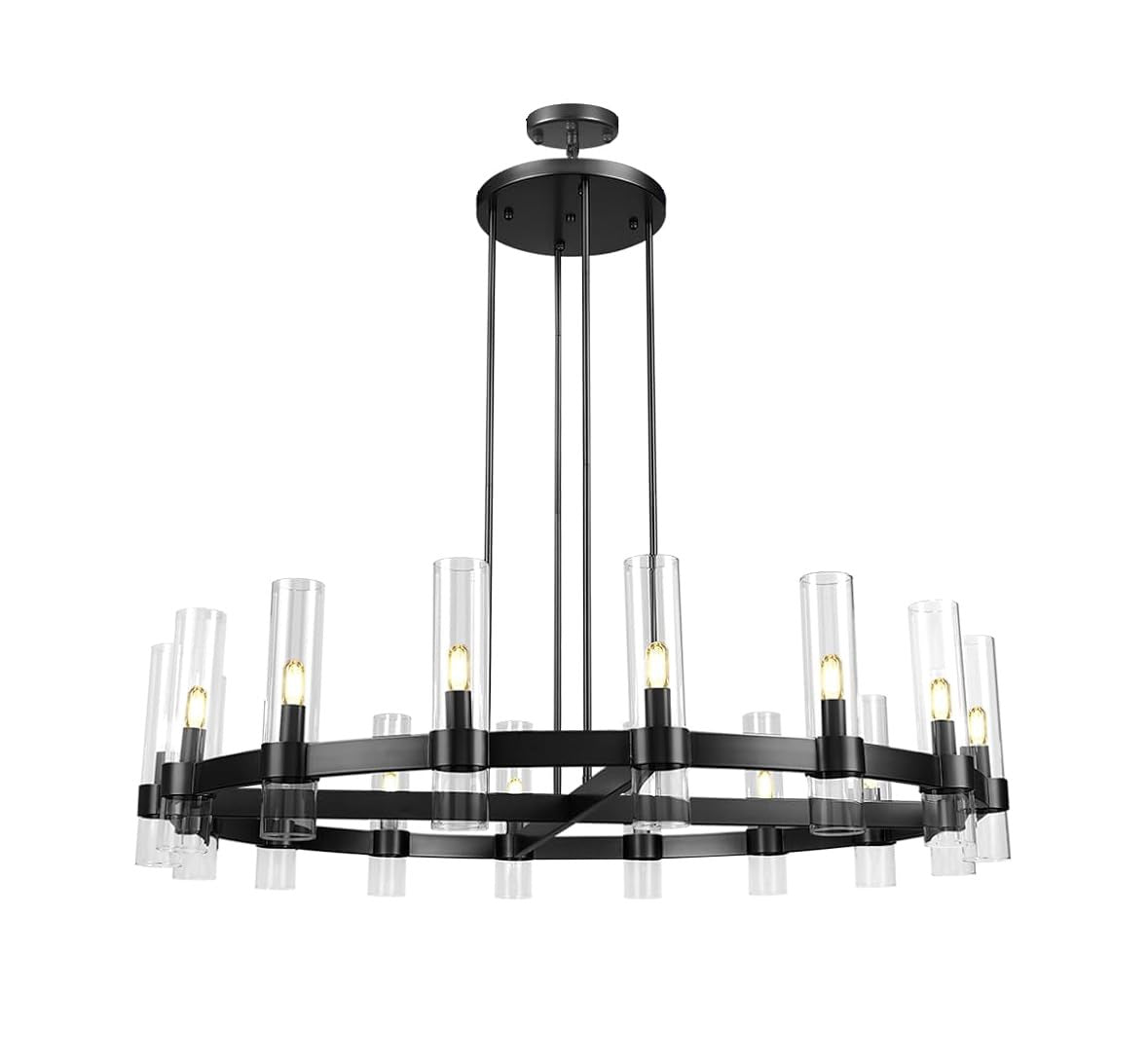 16-Light Industrial Rustic Chandelier Black Finish, 48" Vintage Barn Metal Round Farmhouse Ceiling Fixture