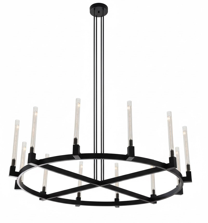 12-Light Industrial Rustic Chandelier Black Finish, 60" Vintage Barn Metal Round Farmhouse Ceiling Fixture